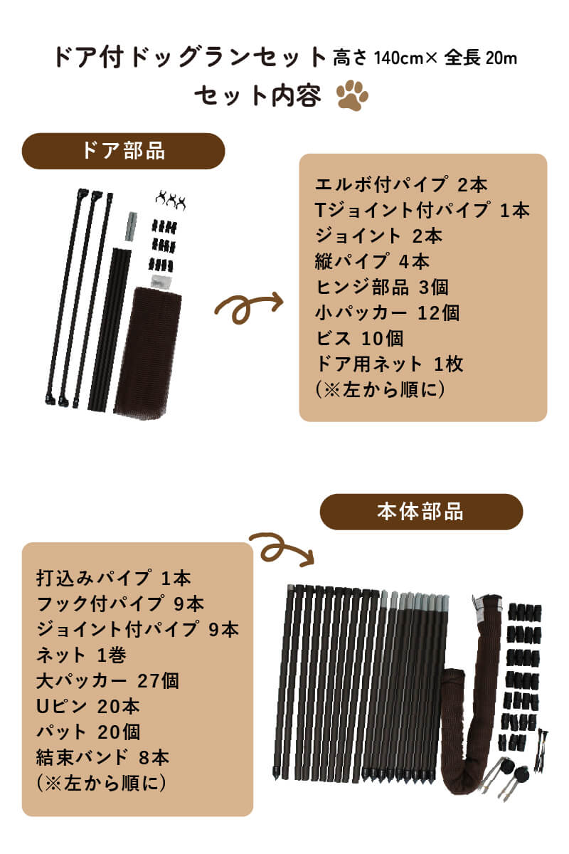 ドア付 ドッグランセット 高さ140cm 長さ20m