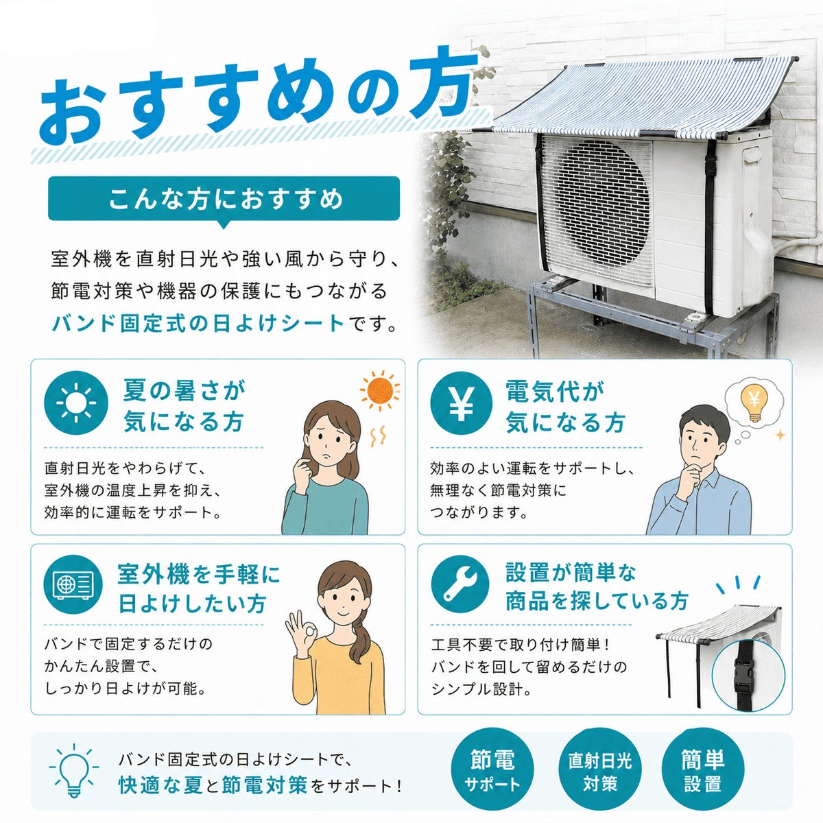 エアコン 室外機 日よけ シート 固定用バンド付
